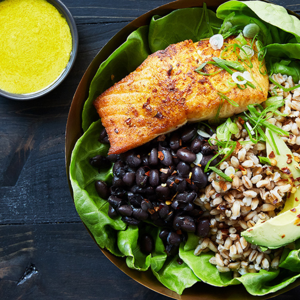 Salmon Bowl with Farro, Black Beans and Tahini Dressing Fresh Select